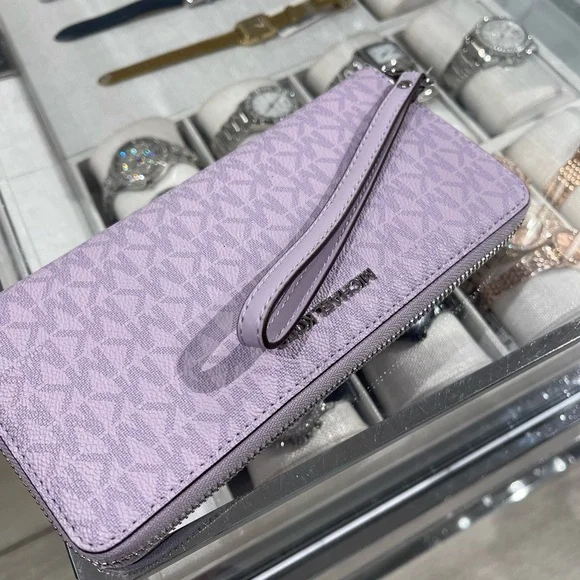 MICHAEL KORS Jet Set Large Signature Logo Continental Wallet Wristlet Lt Quartz - Picture 9 of 16